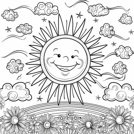 A smiling sun and fluffy clouds in the sky