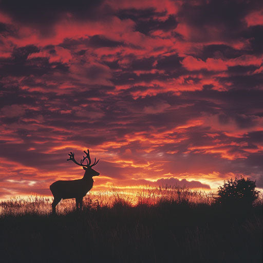 Deer against dramatic sunset in the style of Tim Flach