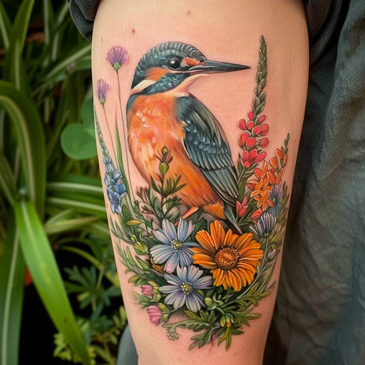 Wildflower tattoo with bird, bright colors, realistic, nature-inspired
