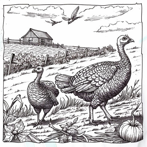 Turkey family in a harvest field