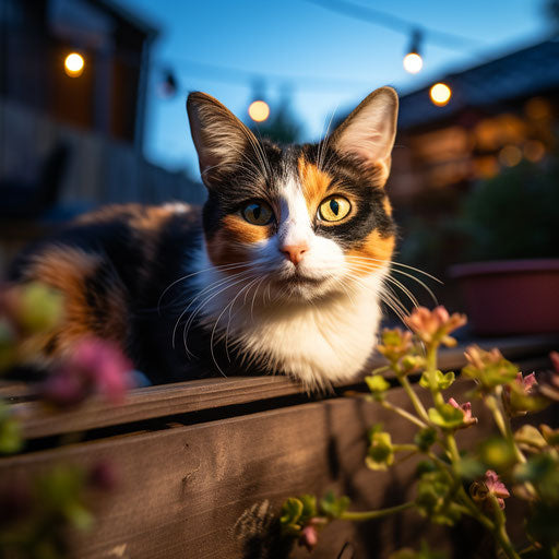 Calico cat lying outside at night