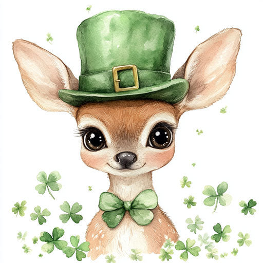 St. Patrick's Day cute baby deer with big eyes wearing a green hat, clovers everywhere, clipart on a white background, watercolor art style