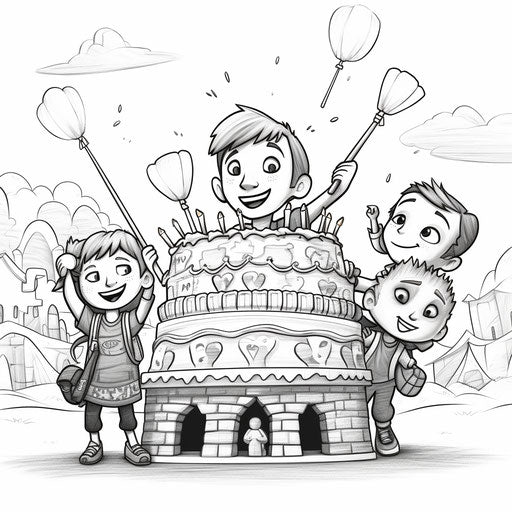 Happy birthday coloring page for kids, animated gifs style, khmer art, commissioned by, Ilford pan f