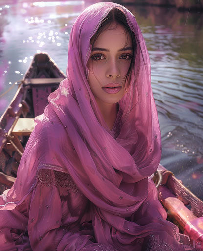 Beautiful muslim woman in y2k style on a boat by a river
