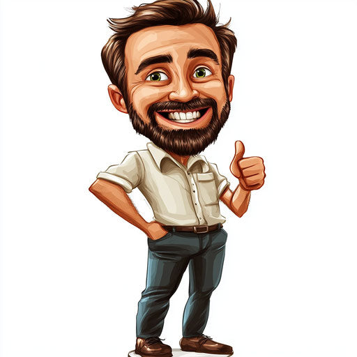 Humorous caricature of an architect with human characteristics, exaggerated chin, muscular legs, festive scene, vibrant colors, cartoon style, thumbs up, high resolution, no background, isolated –c 40