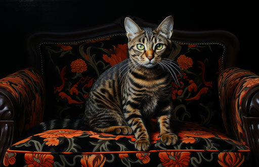 Tabby cat sitting on a black couch, in the style of Bengal school of art, sumatraism 17:11