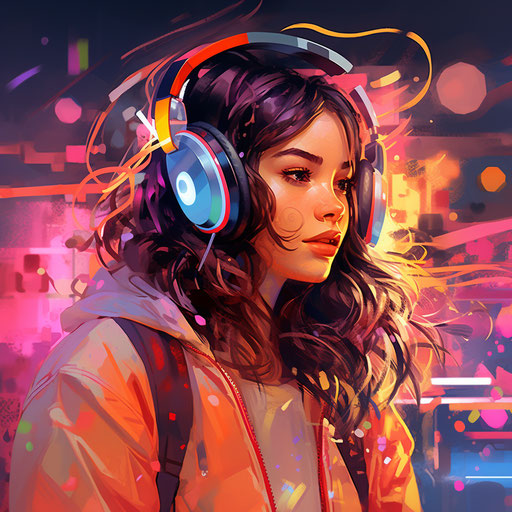 Youth with trendy headphones surrounded by neon graffiti