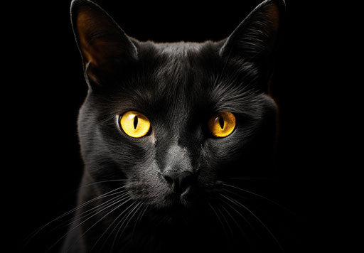 Black cat on black background with yellow eyelets, in dark gold and dark bronze style, serenely haunting faces