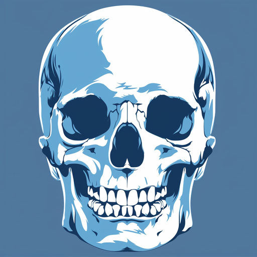 Blue skull vector, 1000-1400 style, flat shapes, gender-bending iconography, subtle color variations