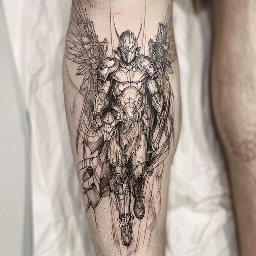 Biomechanical tattoo of Saint Michael on a white background