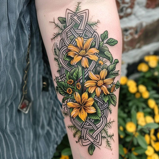 Celtic wildflower tattoo, knotwork patterns, green and gold accents, mythical
