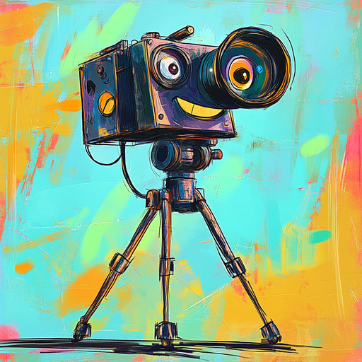 Humorous caricature of a movie camera with human traits