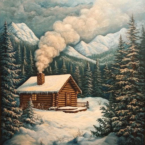 Wooden cabin mountain smoke chimney snow pines
