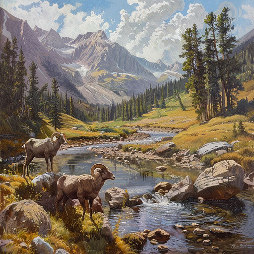 Bighorn sheep near a tranquil mountain stream
