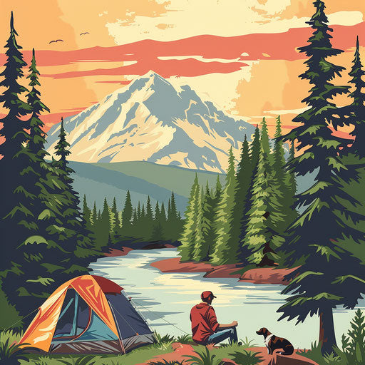 Alpine Dawn: Man, Dog, and Tent in PNW with Mountain Views