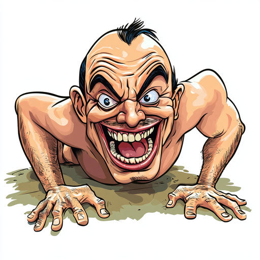 Humorous caricature of an Edgar Rice Burroughs caricature clipart with human characteristics, exaggerated frowning mouth, muscular arms, lying on the ground, vibrant colors, cartoon style, laughing, high-resolution, no background, isolated