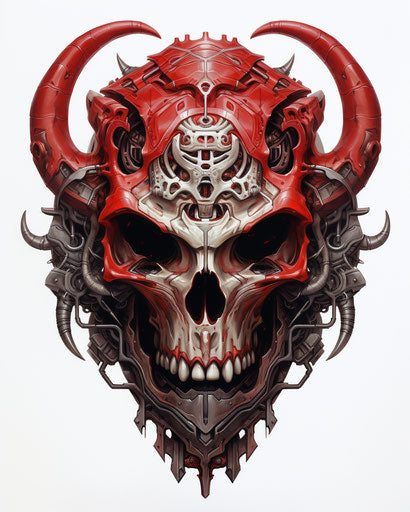 Devil skull with skull horns, in red and brown style, futuristic and edgy, sgrafitto, made of all of the above, teethcore, deconstructive 61:76