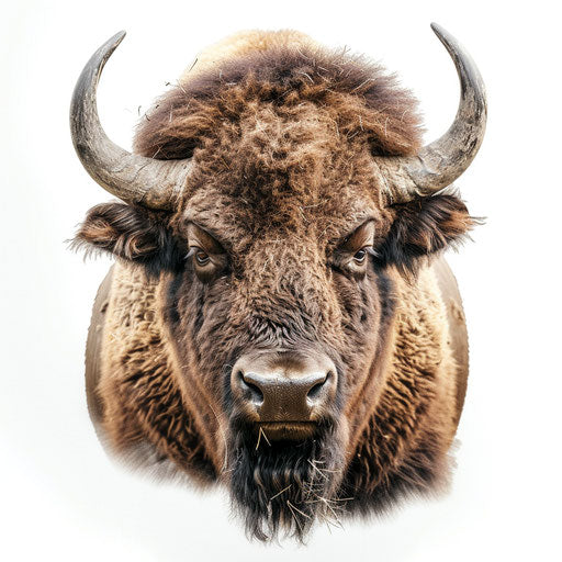 Realistic buffalo clipart on flat white background, enhanced with delicate textures and soft focus