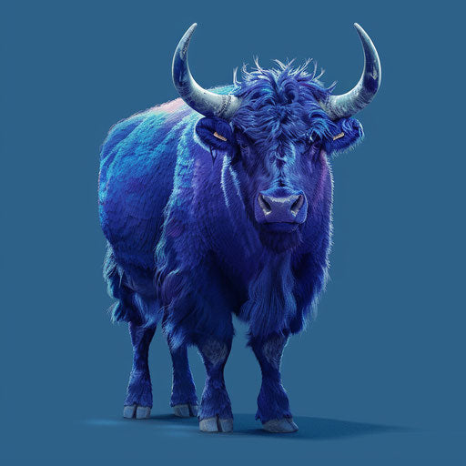 A realistic yak clipart shining on flat royal blue background
