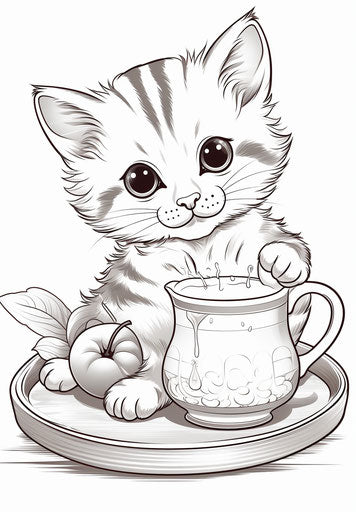 Cute cat drinking milk kawaii coloring pages, comic art style