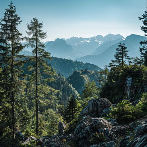 Green forest on rocky mountain, Alps in background