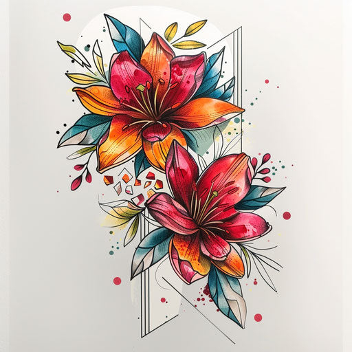 Modern tattoo design of November birth flower with geometric patterns, bright colors, showcased on a white background.