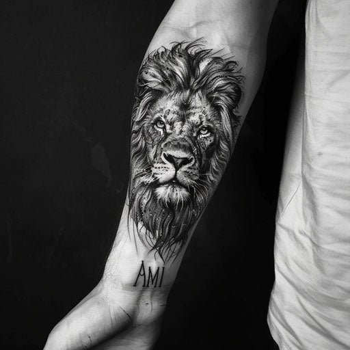 Forearm tattoo lion men, Ami James style