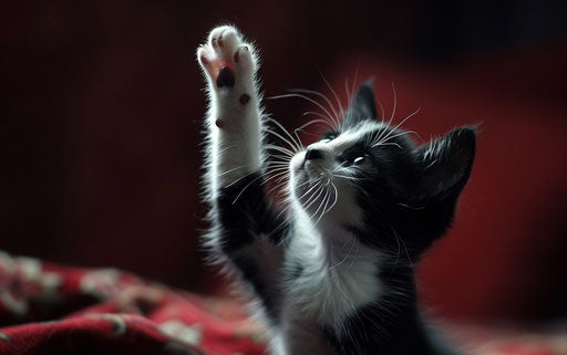 Black and white kitten reaching up, theatrical gestures