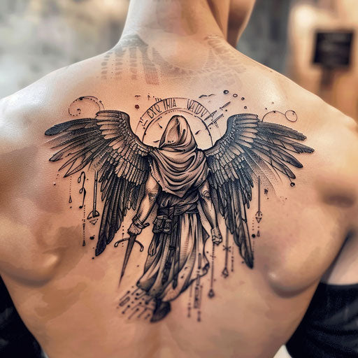 Guardian angel with ancient symbols on mystical white background