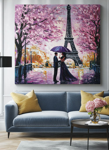 Romantic painting of the Eiffel Tower with couple under umbrella