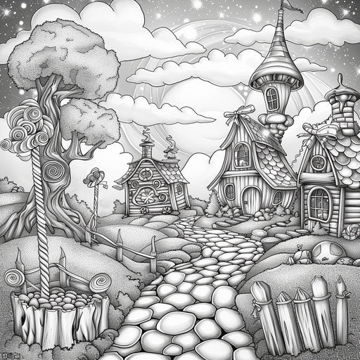 Magical candy land, in the style of Mindy Sommers, coloring book page