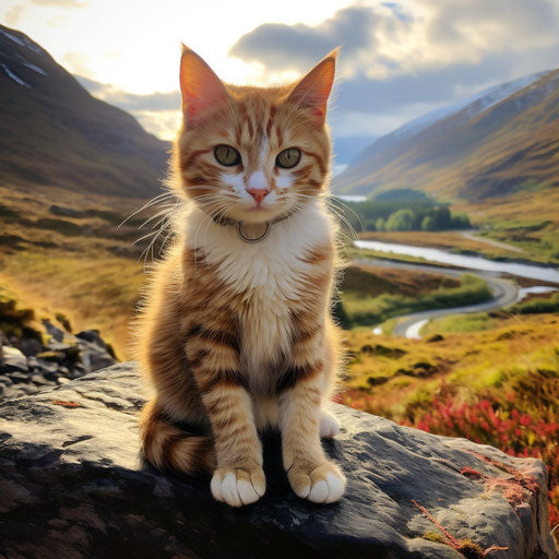 Manx cat sitting in front of mountain scenery