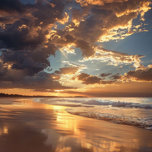 Sunny beach at golden hour with dramatic clouds