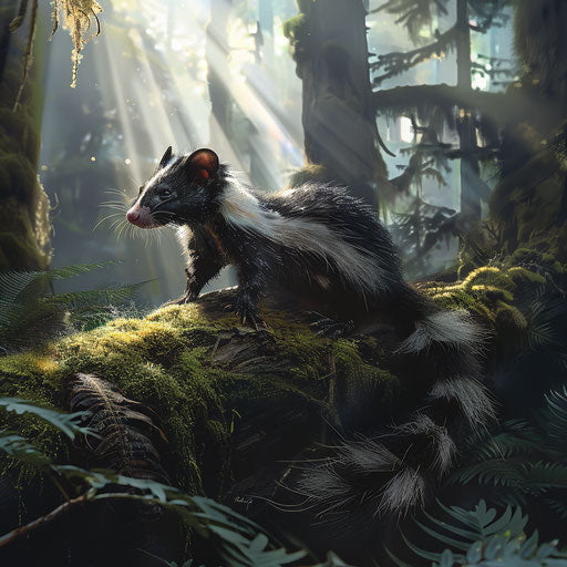 An eastern spotted skunk on a moss-covered log