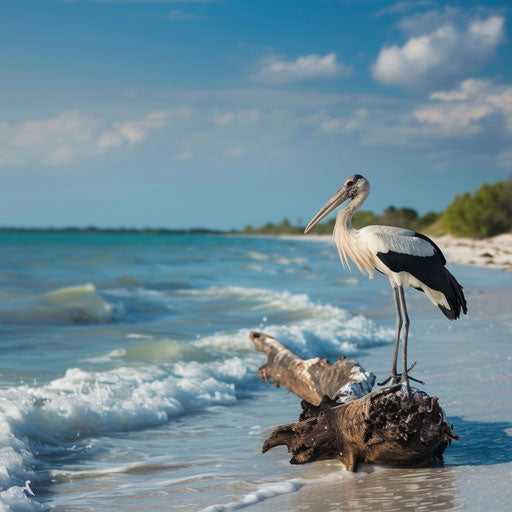 Wood stork perched on driftwood on a pristine beach