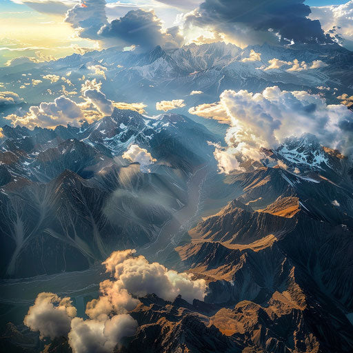 Aerial view of the Kunlun Mountains with dramatic clouds