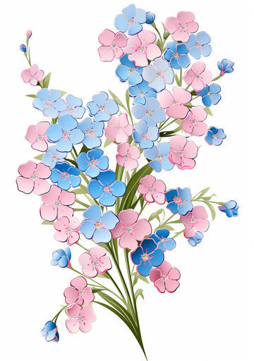 Blue and pink flowers, Japanese art style, light pink and green
