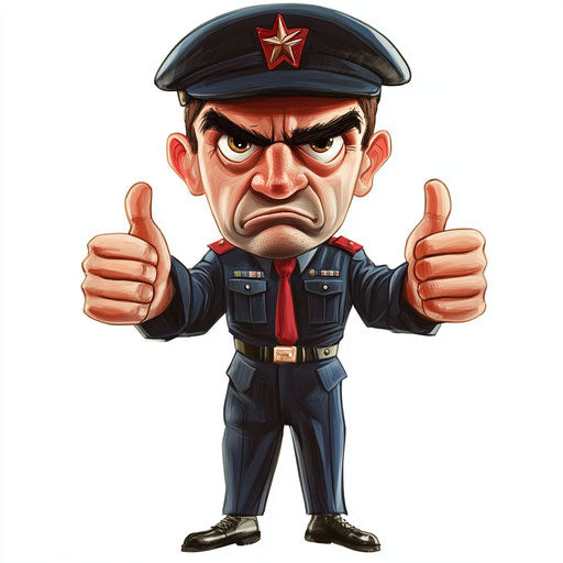 Humorous caricature of a uniform clipart with human characteristics, exaggerated bushy eyebrows, short legs, playful setting, vibrant colors, cartoon style, thumbs down, high-resolution, no background, isolated