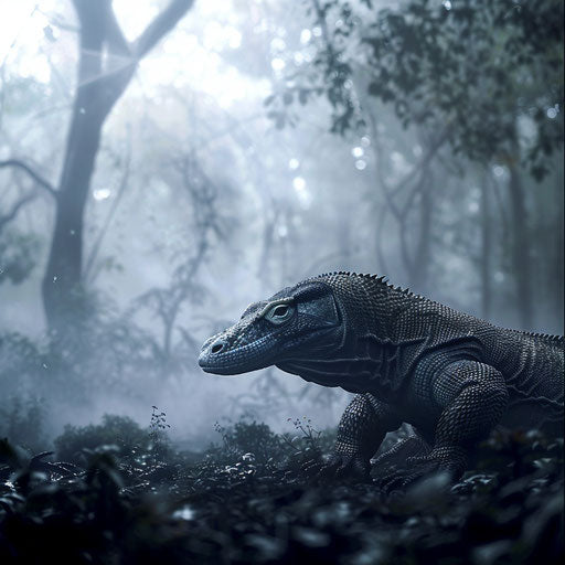 Komodo dragon in a foggy forest, mystical and quiet