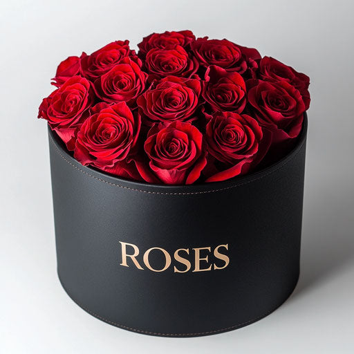 Black round box with red roses, "ROSES" logo, white background