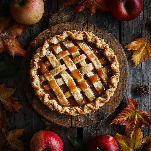 Apple pie with caramel drizzle, autumn leaves, fresh apples