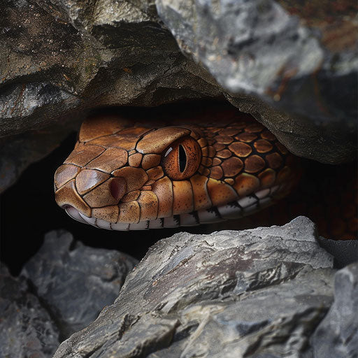 Copperhead snake peeking out from under a rock