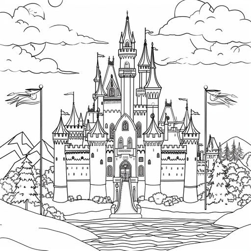 Majestic castle with turrets and flags surrounded by a moat. Coloring page