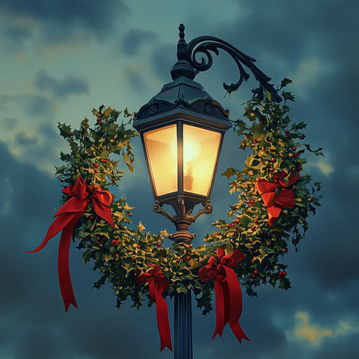 Vintage street lamp adorned with mistletoe and red ribbons