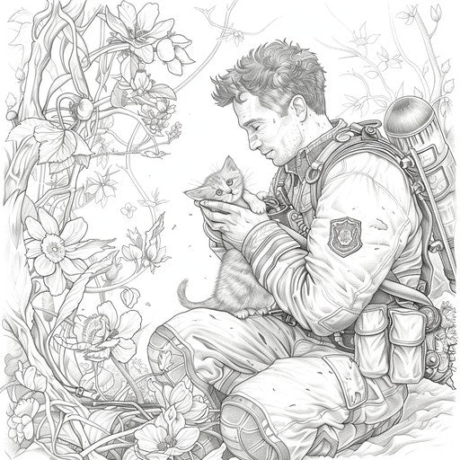 A magical firefighter saves a kitten to color in Gennady Spirin's style