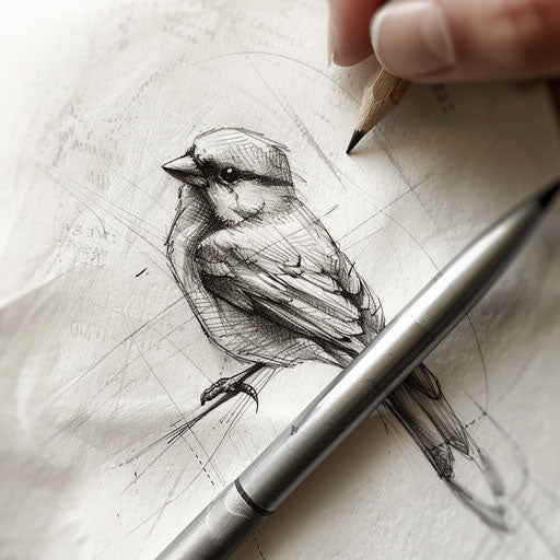 Sketch-style sparrow tattoo, resembling a pencil drawing on white paper