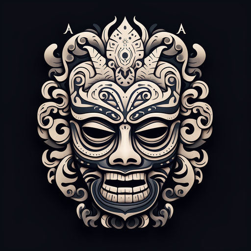 White tribal mask tattoo design, dark gray
