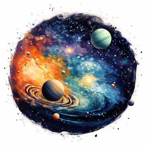 Universe drawing in the style of an oil painting on white backdrop