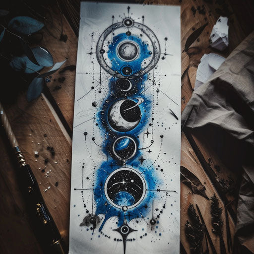 Ethereal flat tattoo sketch of celestial bodies in balance