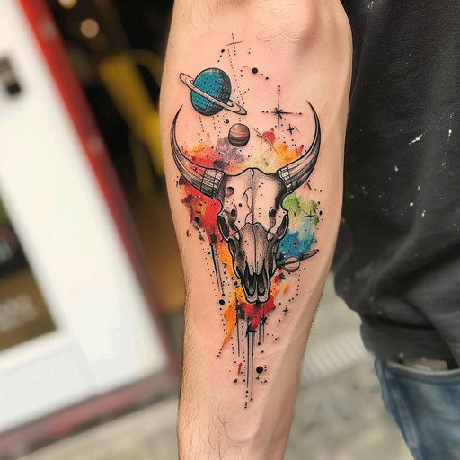 Tattooed bull skull with cosmic elements on white background